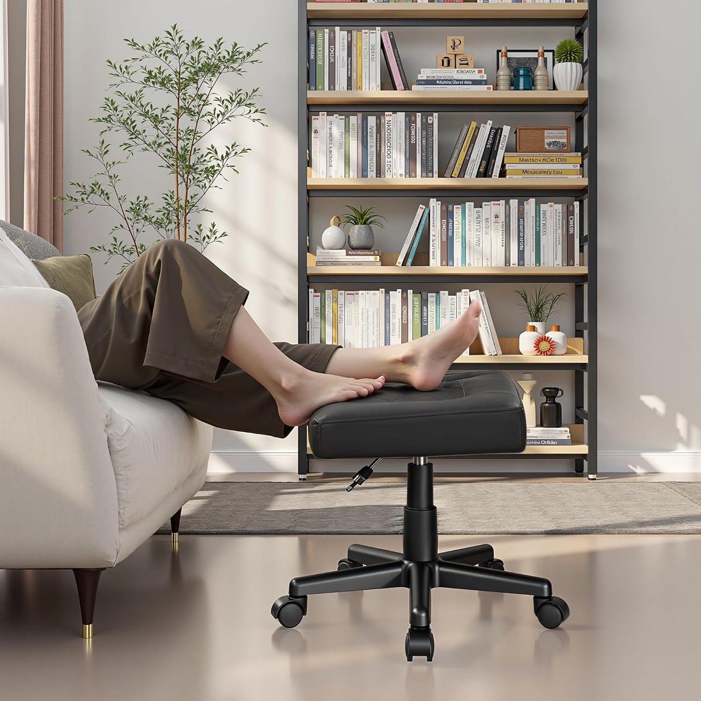 VECELO Under Desk Footrest, PU Ergonomic Foot Rest with Wheels, Comfort Padding, Height Adjustable for Relieving Leg Pain, Stiffness, Black