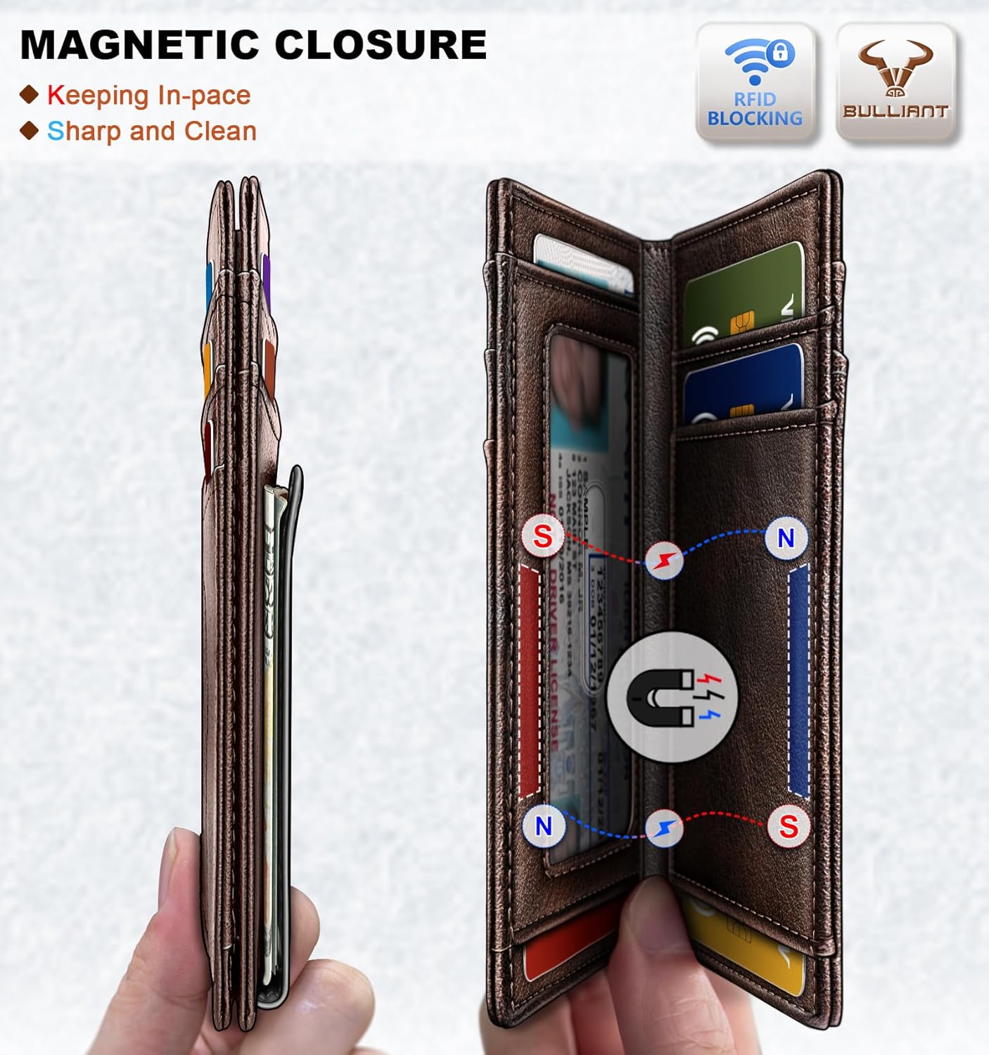 BULLIANT Men Airtag Wallet,Slim Wallet Money Clip Card Holder Magnetic Closure 12 Cards in Front Pocket RFID Blocking