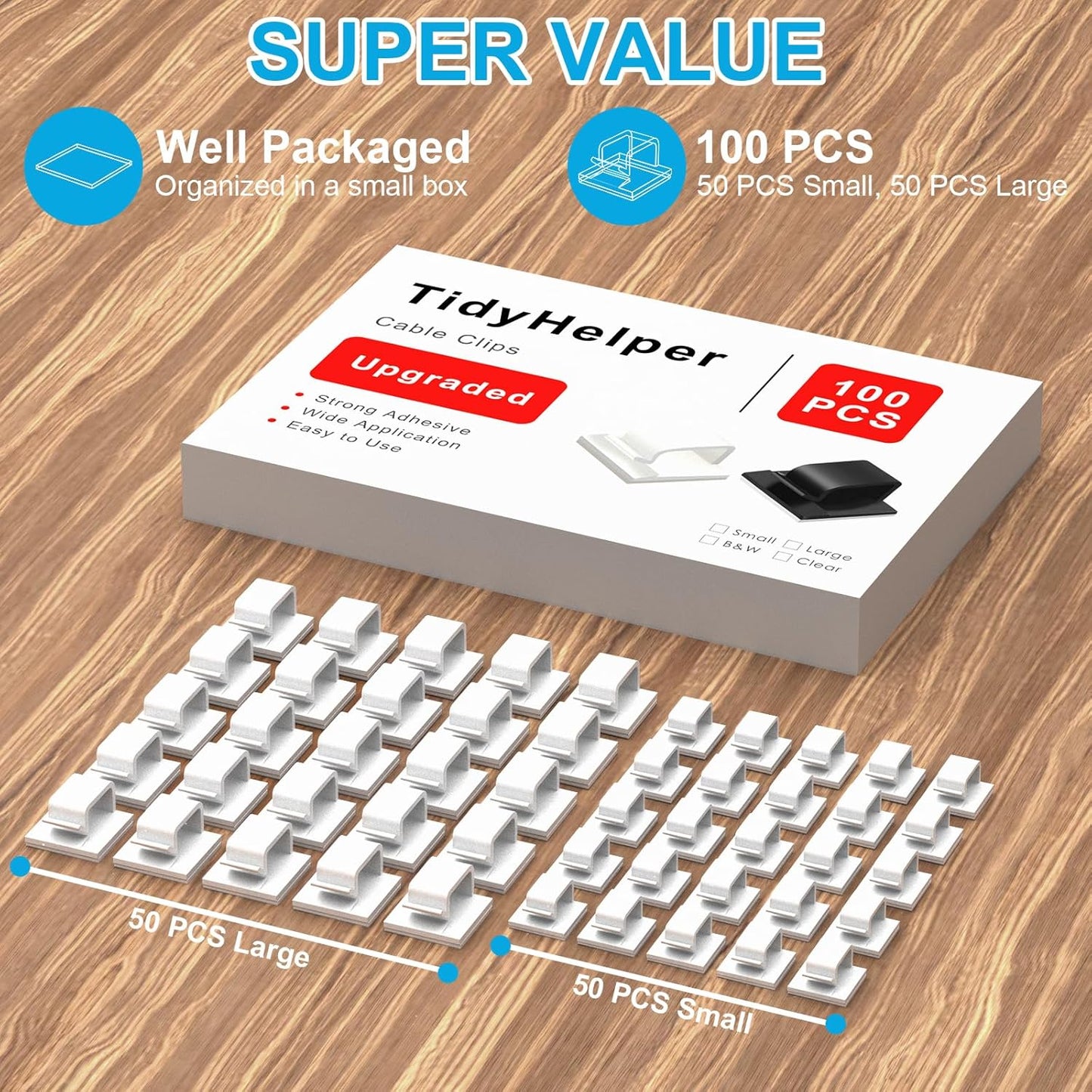 100 PCS Adhesive Cable Clips Black (Small & Large), Upgraded Wire Holder for Wall Cord Organizer Cable Management Under Desk, Outdoor Light Clips Hooks for LED, Car Dash Cam, HDMI, Extension Cord