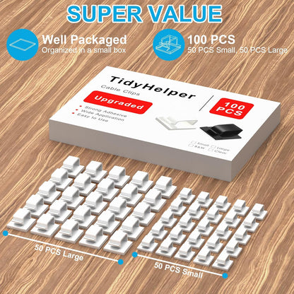 100 PCS Adhesive Cable Clips Black (Small & Large), Upgraded Wire Holder for Wall Cord Organizer Cable Management Under Desk, Outdoor Light Clips Hooks for LED, Car Dash Cam, HDMI, Extension Cord