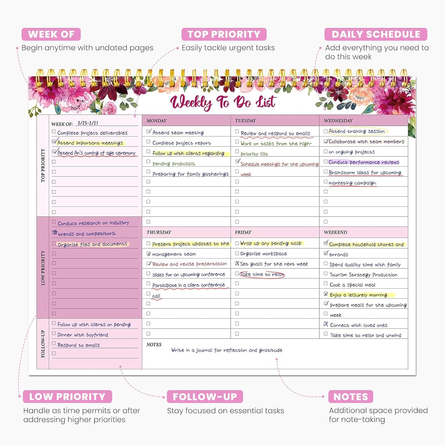 Weekly To Do List Notepad with 52 Undated Sheets（8.5"×11"）- Undated Weekly Planner Notepad for Office Desk Accessories and Supplies - Midnight Lilac