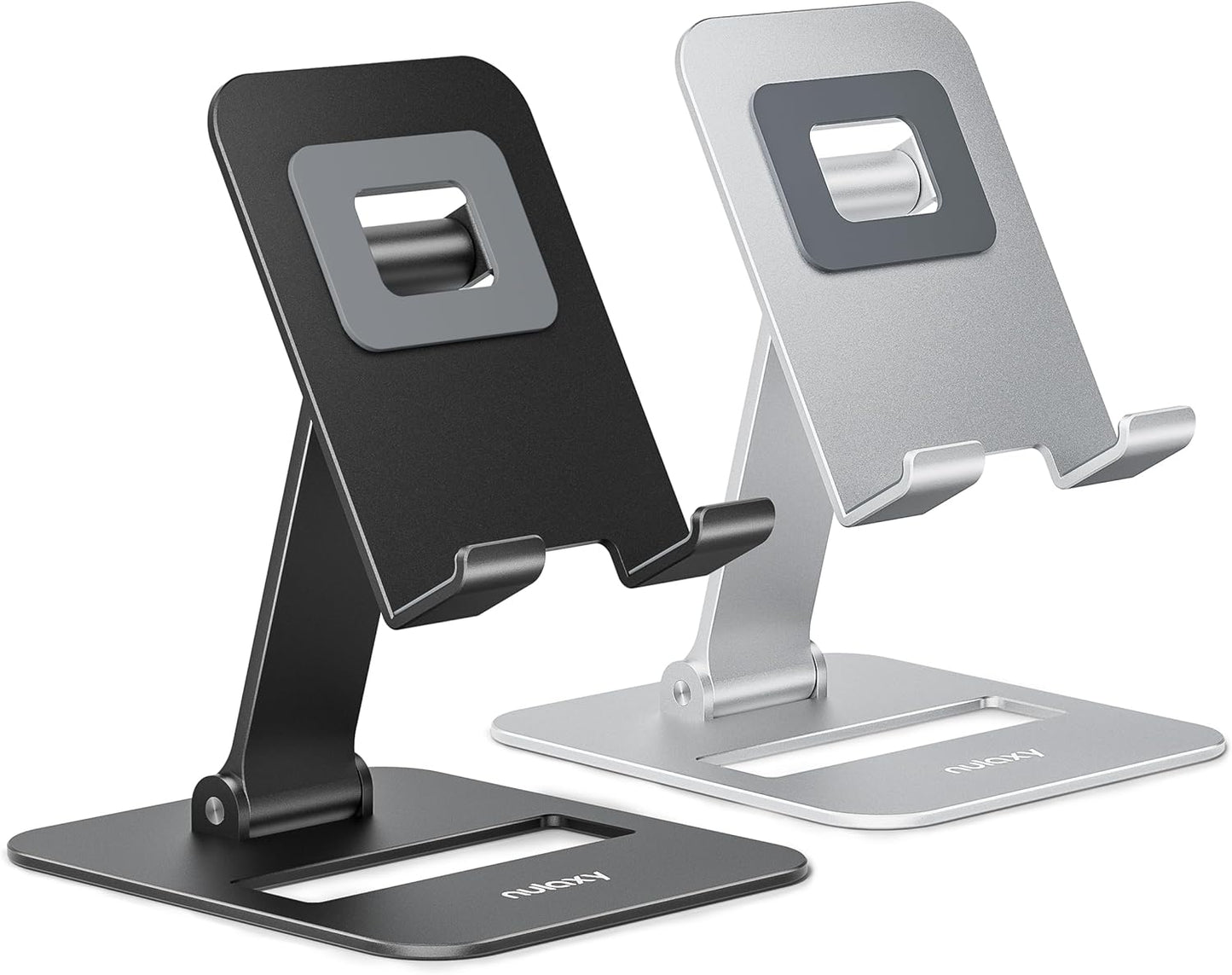Nulaxy 2 Pack Dual Folding Cell Phone Stand, Fully Adjustable Phone Holder for Desk, Compatible with iPhone 17 16 15 14 13 12 11, Nintendo Switch, All Phones, Black & Rose Gold