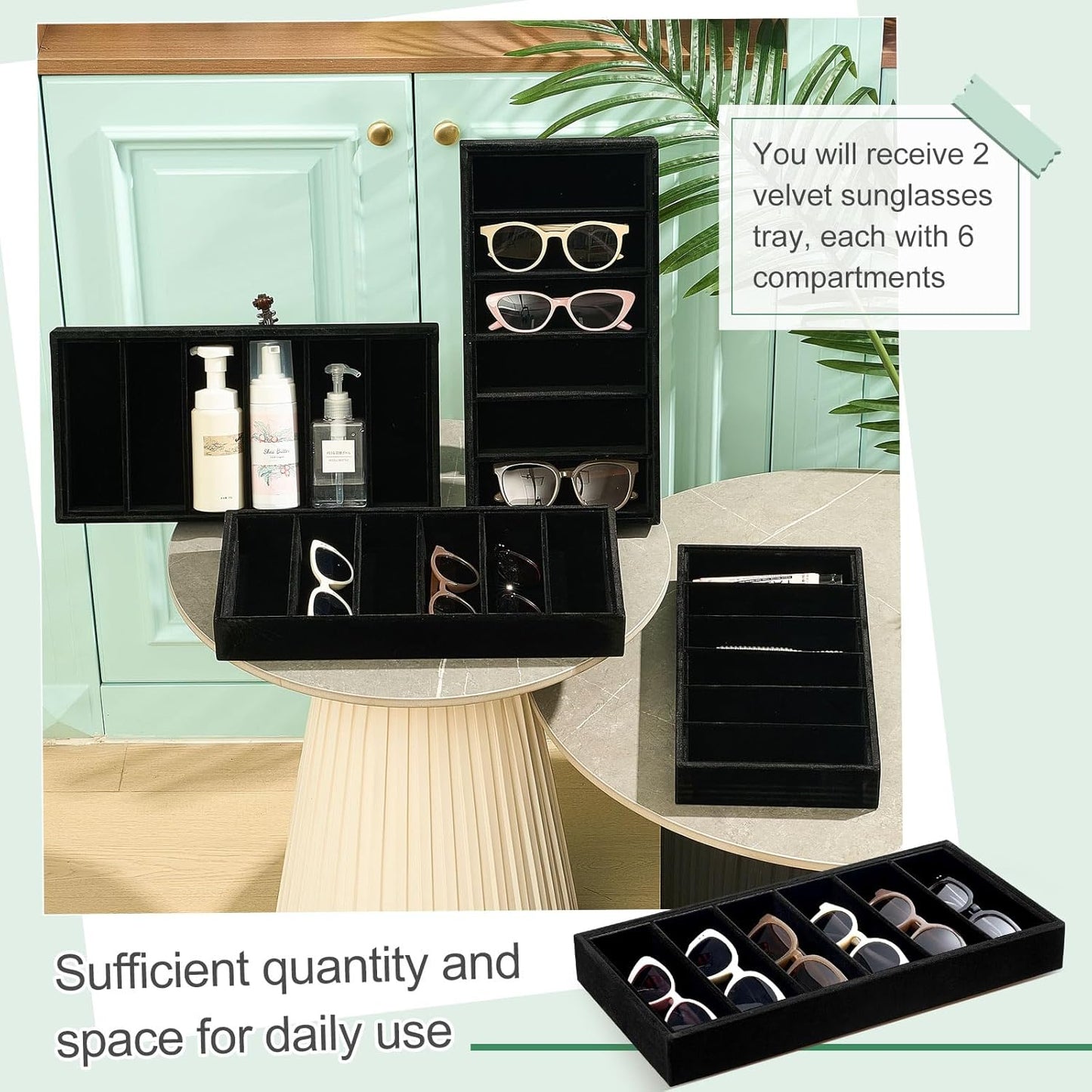 Juexica 2 Pcs Velvet Sunglasses Organizer Tray 6 Grid Sunglass Organizer Velvet Tray Stackable Glasses Display Case for Women Glasses Jewelry Display Watch (Beige)