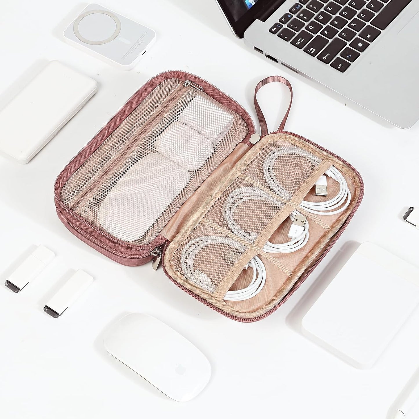 NISHEL Travel Cord Organizer Case, Double Layers Tech Electronic Bag, Essentials for Charger, Cable, Phone, Flash drive, Medium, Pink