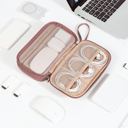 NISHEL Travel Cord Organizer Case, Double Layers Tech Electronic Bag, Essentials for Charger, Cable, Phone, Flash drive, Medium, Pink