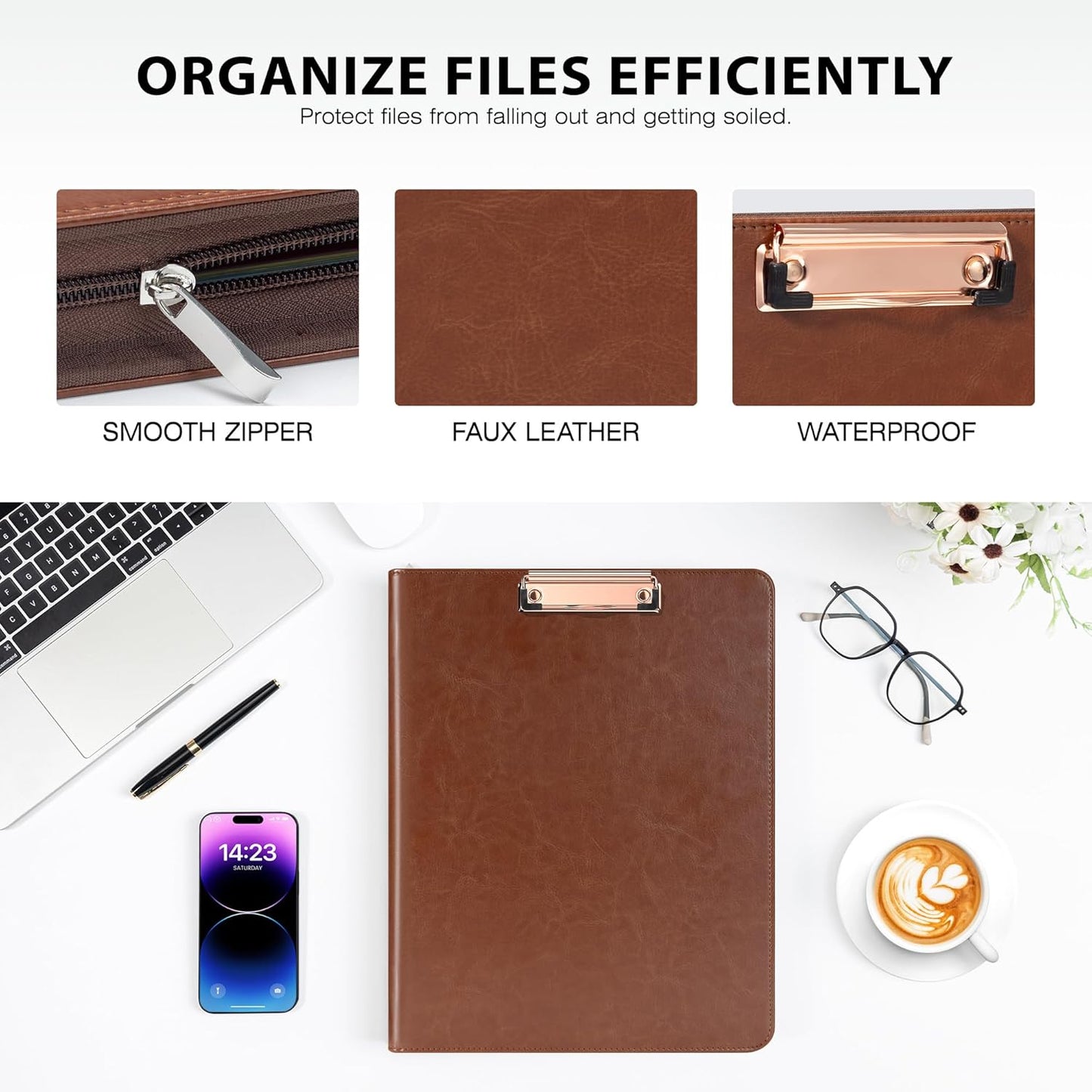 Ospelelf Zippered Padfolio Organizer, Faux Leather 3 Ring Binder with Clipboard, Letter Size Business Portfolio with Notepad, Tablet Sleeve & Phone Pockets for Office Work Brown