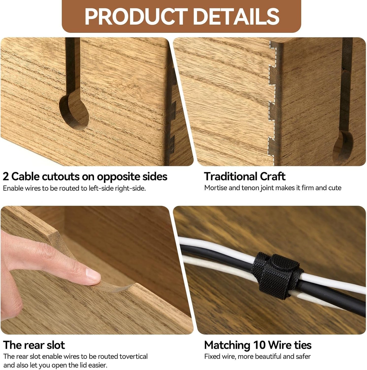 KIRIGEN Wooden Cable Management Box Set of 2 - Solid Wood Large & Small Cord Organizer Hides Power Strips, Chargers & Wires for Desk, TV Stand, Home Office DXH2T-NA