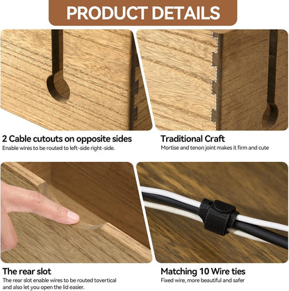 KIRIGEN Wooden Cable Management Box Set of 2 - Solid Wood Large & Small Cord Organizer Hides Power Strips, Chargers & Wires for Desk, TV Stand, Home Office DXH2T-NA