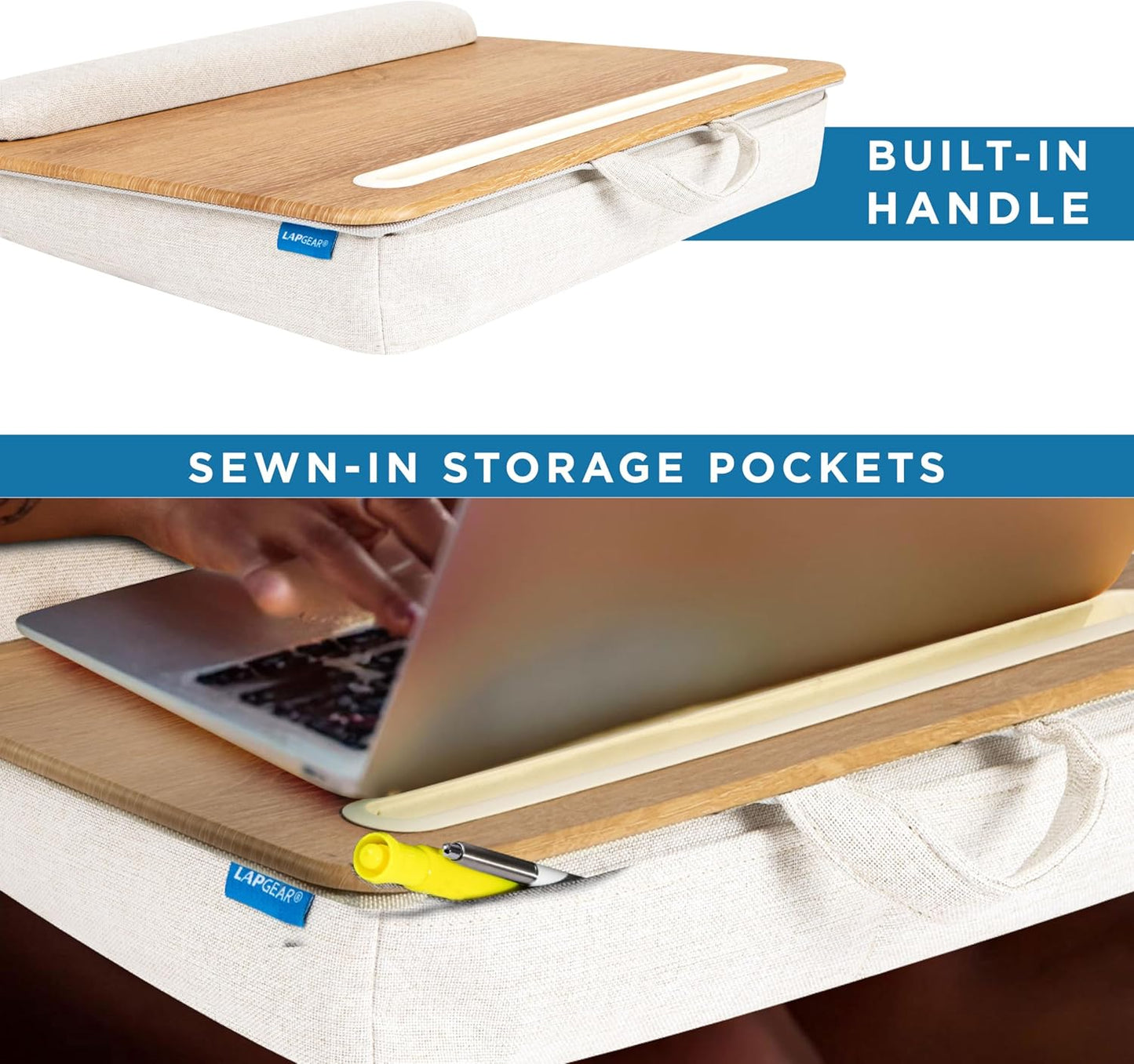 LAPGEAR Portable Laptop Lap Desk with Pillow Cushion, Anti-Slip Strip, Tablet or Phone Storage Slot, Pen and Pencil Pocket, and Wrist Rest - Espresso Woodgrain - Fits 15.6" Laptops - Style No. 91342