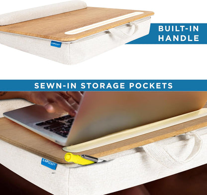 LAPGEAR Portable Laptop Lap Desk with Pillow Cushion, Anti-Slip Strip, Tablet or Phone Storage Slot, Pen and Pencil Pocket, and Wrist Rest - Espresso Woodgrain - Fits 15.6" Laptops - Style No. 91342