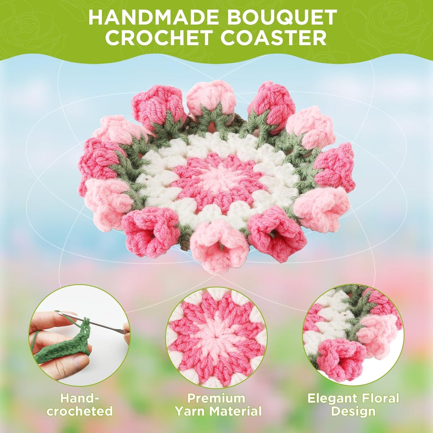 Flower Crochet Coasters, Handmade Bouquet Blanket Coaster with Crochet Plant Pot Fun Soft Decorative Drink Coasters for Coffee Tabletop Protection and Home Decor (Pink, 1Pc)