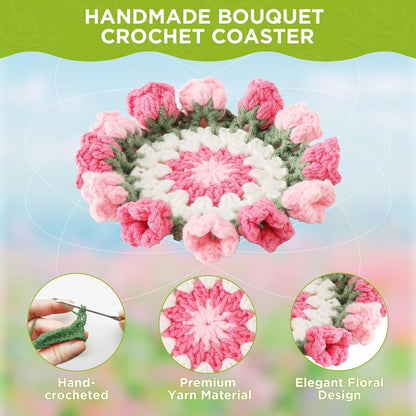 Flower Crochet Coasters, Handmade Bouquet Blanket Coaster with Crochet Plant Pot Fun Soft Decorative Drink Coasters for Coffee Tabletop Protection and Home Decor (Pink, 1Pc)