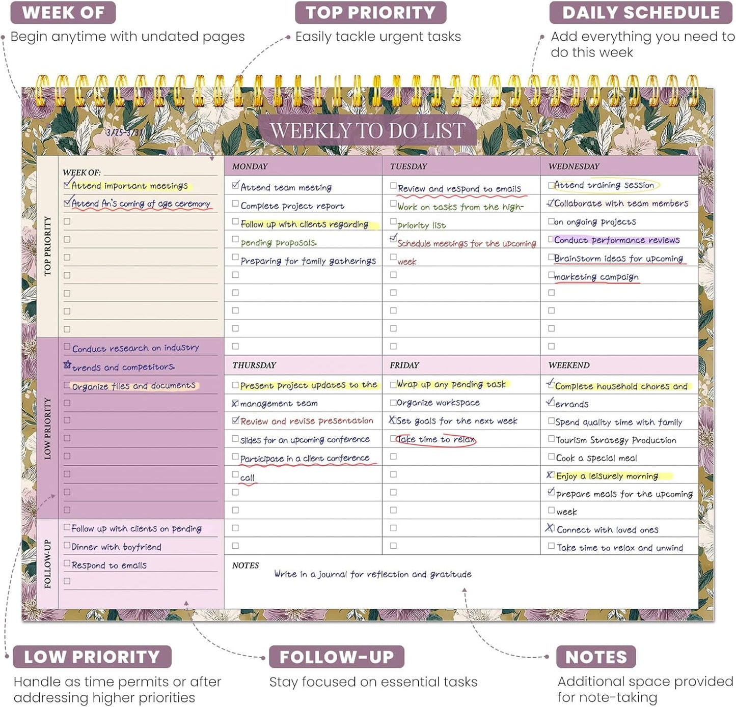 Weekly To Do List Notepad with 52 Undated Sheets（8.5"×11"）- Undated Weekly Planner Notepad for Office Desk Accessories and Supplies - Midnight Lilac