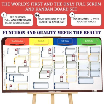 Full Magnetic Agile Board Kit (42" 23") Kanban & Scrum Dry Erase Project Management Board with 84 Magnetic Cards, Easel Stand & Accessories