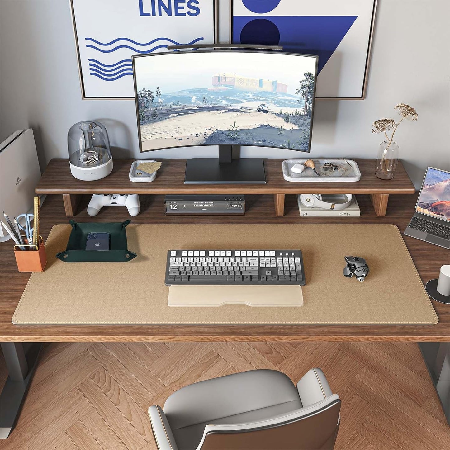 DAWNTREES Dual Sided Desk Mat,Leather Desk Pad,Brown 40"x16",Cork Desk Mat Protector,with PU Leather Valet Tray Organizer,Large Mouse Pad,Desk Writing Pad for Office and Home
