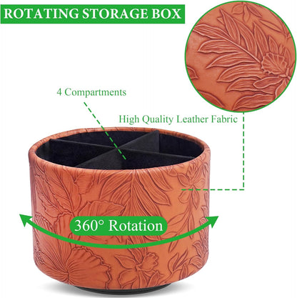 Round Leather Art Supply Organizer,Remote Control Holder,360 Degree Rotating,Multi-Functional Pencil Holder,4 Compartments Desktop Stationary Organizer(1-Fractal Flower) | Round - Colors C