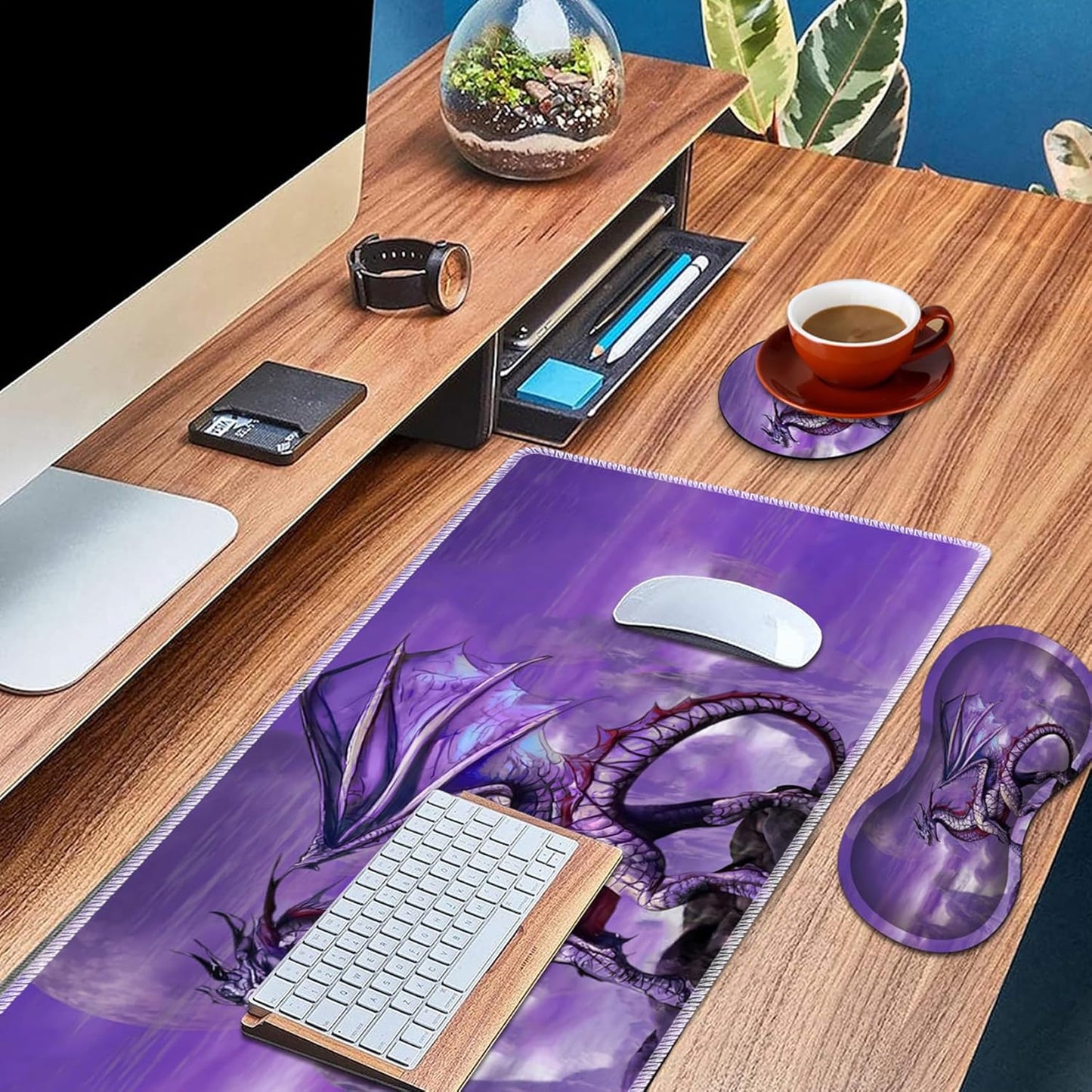 Mouse Wrist Rest and Keyboard Wrist Rest Pad Set, Non-Slip Rubber Base Smooth Surface Ergonomic Gaming Mouse Pad for Easy Typing and Pain Relief, Antique Blue Wood Grain Dog Paw + Coaster