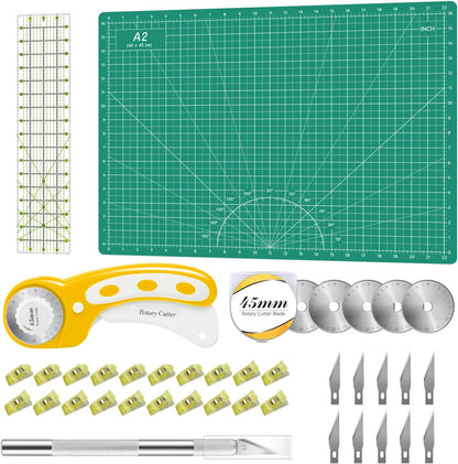 Headley Tools Rotary Cutter Set - 45mm Fabric Cutter, 5 Extra Rotary Blades, A3 Cutting Mat, Quilting Ruler and Sewing Clips, Craft Knife Set, Ideal for Crafting, Sewing, Patchworking, Purple