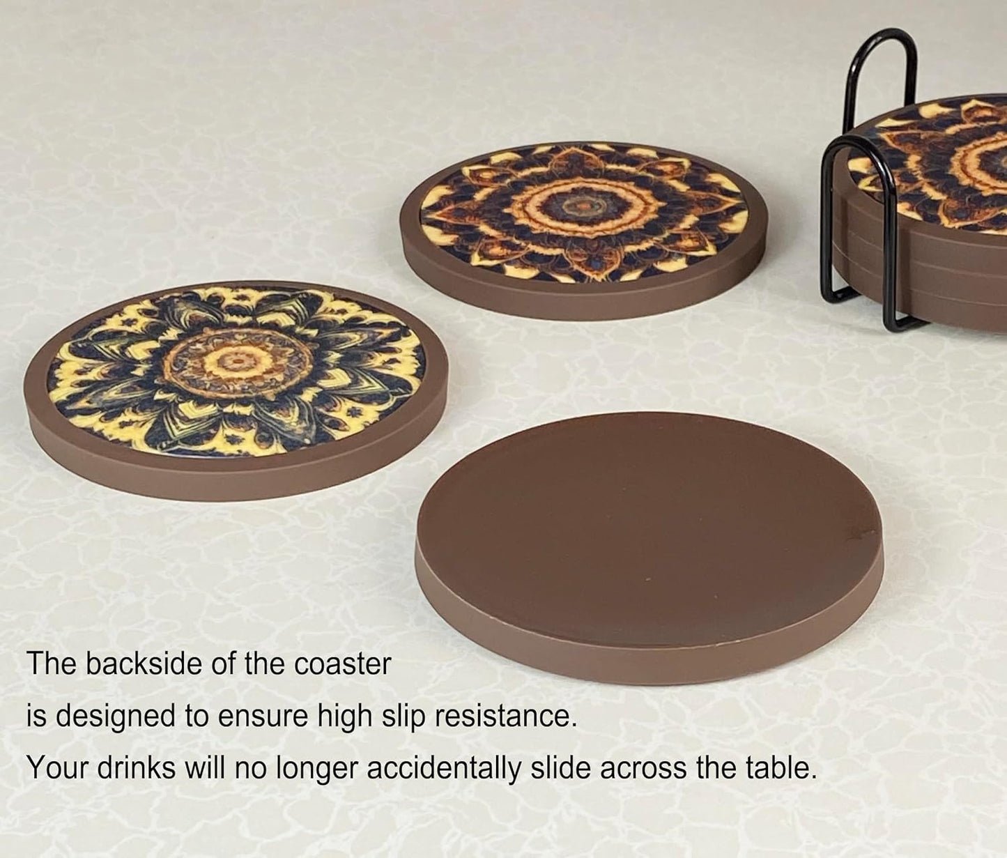 Absorbent Coasters for Drinks with Holder - 6packs, Silicone Coaster with Soft Felt Insert, Black (Coasters with Holder, Black)
