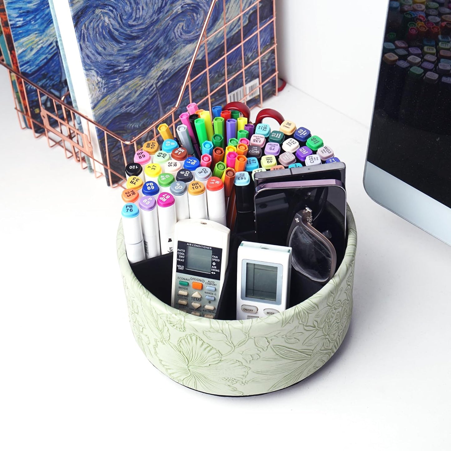 Round Leather Art Supply Organizer,Remote Control Holder,360 Degree Rotating,Multi-Functional Pencil Holder,4 Compartments Desktop Stationary Organizer(1-Fractal Flower) | Round - Colors A