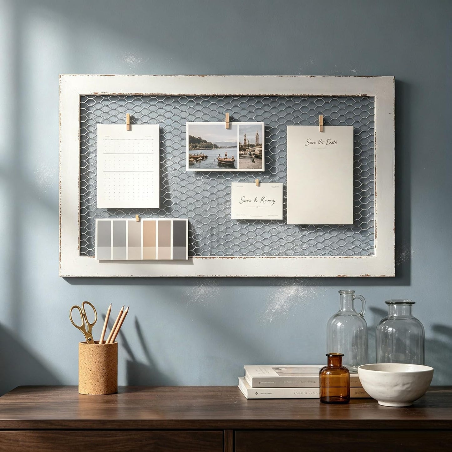 SOFE Farmhouse Memo Board Chicken Wire Frame, Black Large Bulletin Boards for Walls, Hanging Photo Display Board or Jewelry Organizer Wall Grid Panels, Decorative Vision Board for Desktop Office
