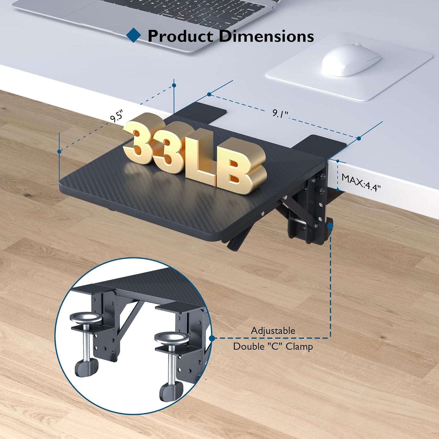 BONTEC Desk Extender Tray, 11.8"x5.9" Table Mount Arm Wrist Rest Shelf, 90°Foldable Elbow Support, Clamp on Computer Arm Rest for Desk, Office & Home Use, Durable & Easy to Install, Black Carbon Fiber