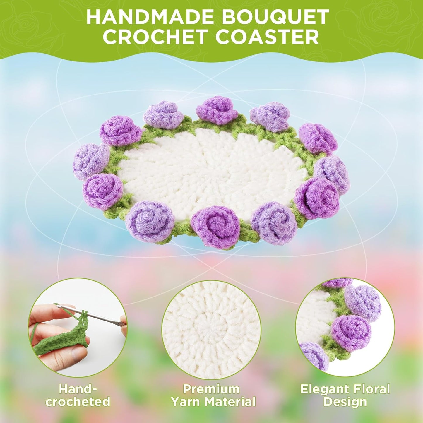 Flower Crochet Coasters, Handmade Bouquet Blanket Coaster with Crochet Plant Pot Fun Soft Decorative Drink Coasters for Coffee Tabletop Protection and Home Decor (Pink, 1Pc)