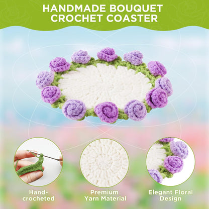 Flower Crochet Coasters, Handmade Bouquet Blanket Coaster with Crochet Plant Pot Fun Soft Decorative Drink Coasters for Coffee Tabletop Protection and Home Decor (Pink, 1Pc)