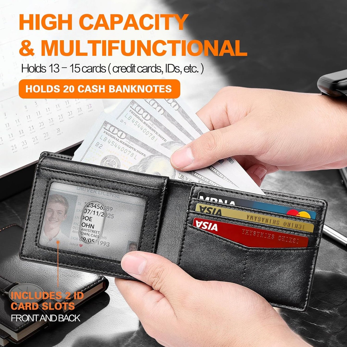 Wallet for Men Slim RFID Blocking Bifold Carbon Fiber,Minimalist Small Compact Front Pocket Credit Card Holder,Thin Mens Leather Wallets Smart Security With 2 ID Windows 1 Cash,Birthday Gifts for Men