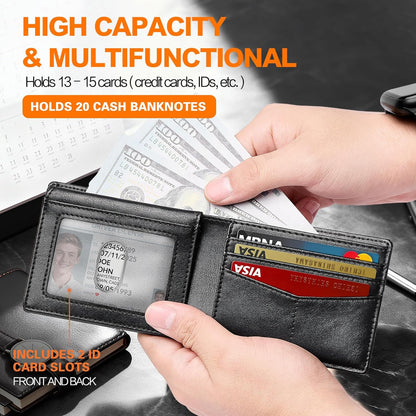 Wallet for Men Slim RFID Blocking Bifold Carbon Fiber,Minimalist Small Compact Front Pocket Credit Card Holder,Thin Mens Leather Wallets Smart Security With 2 ID Windows 1 Cash,Birthday Gifts for Men