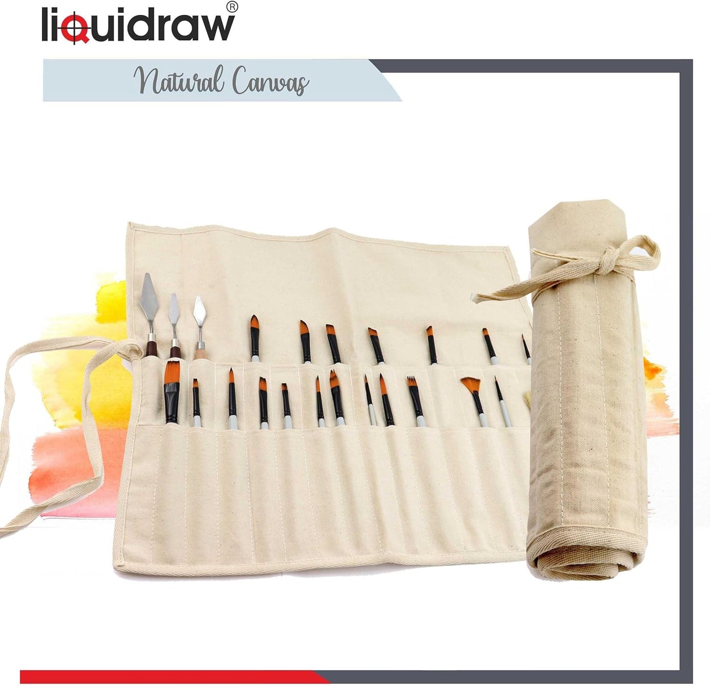 Liquidraw 30 Pocket Canvas Paint Brush Holder - Natural | 21" x 18" | Roll Up Brush Storage Pouch | Ideal Case for Paintbrush & Art Tool Storage | Easy to Carry | Also Great for Storing Makeup Brushes