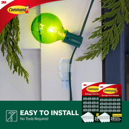 Command Outdoor Light Clips, 20 Clear Clips and 24 Command Strips, Damage-Free Hanging Outdoor Light Clips with Weather Resistant Strips, Wall Clip for Hanging Outdoor Lights and Cable Management