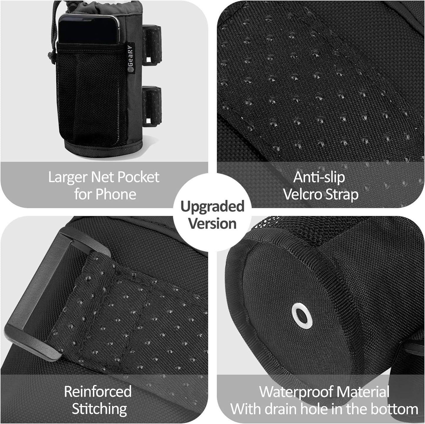 GEARV 2Pack Cup Holder for Bike, Scooter and Wheelchair, Water Bottle Holder for UTV/ATV, Walker, Golf Cart and Beach, Universal Drink Holder Accessories with Net Pocket and Cord Lock (Black)