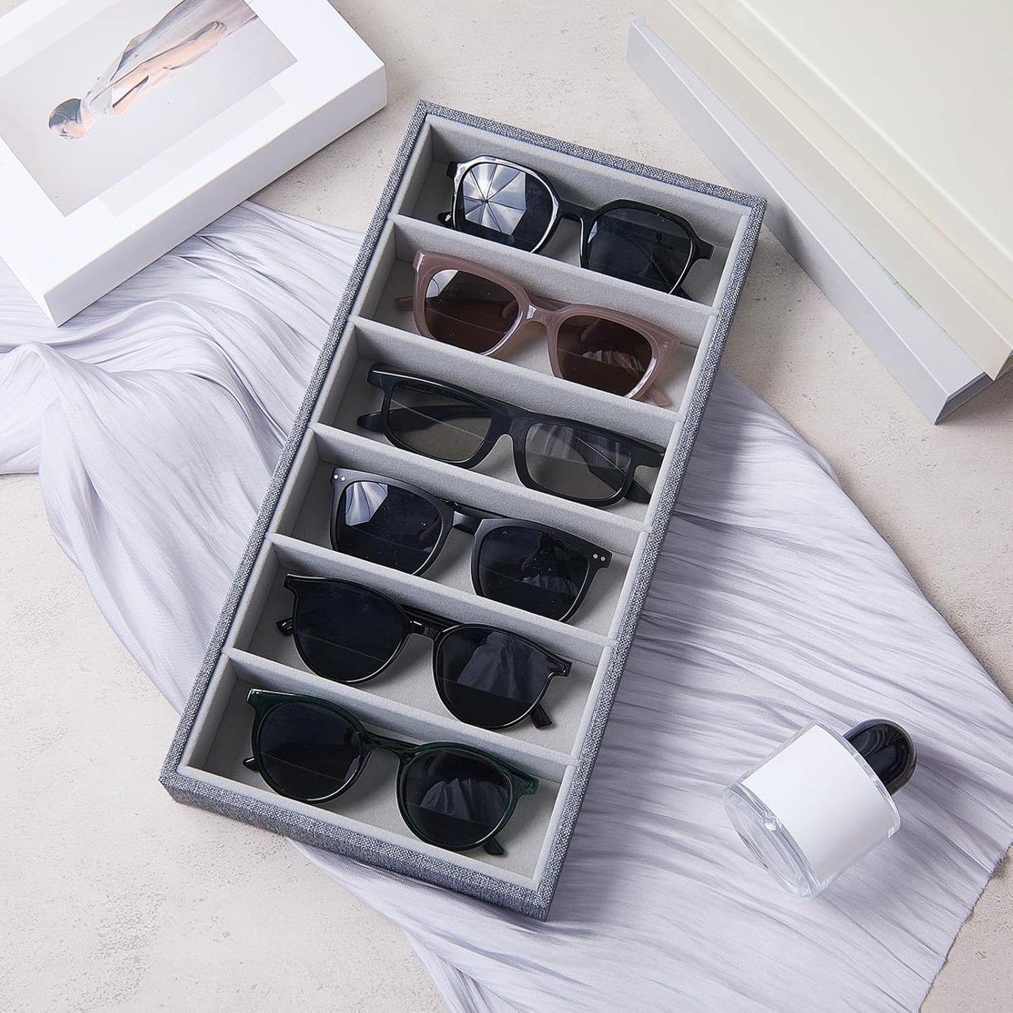Juexica 2 Pcs Velvet Sunglasses Organizer Tray 6 Grid Sunglass Organizer Velvet Tray Stackable Glasses Display Case for Women Glasses Jewelry Display Watch (Beige)