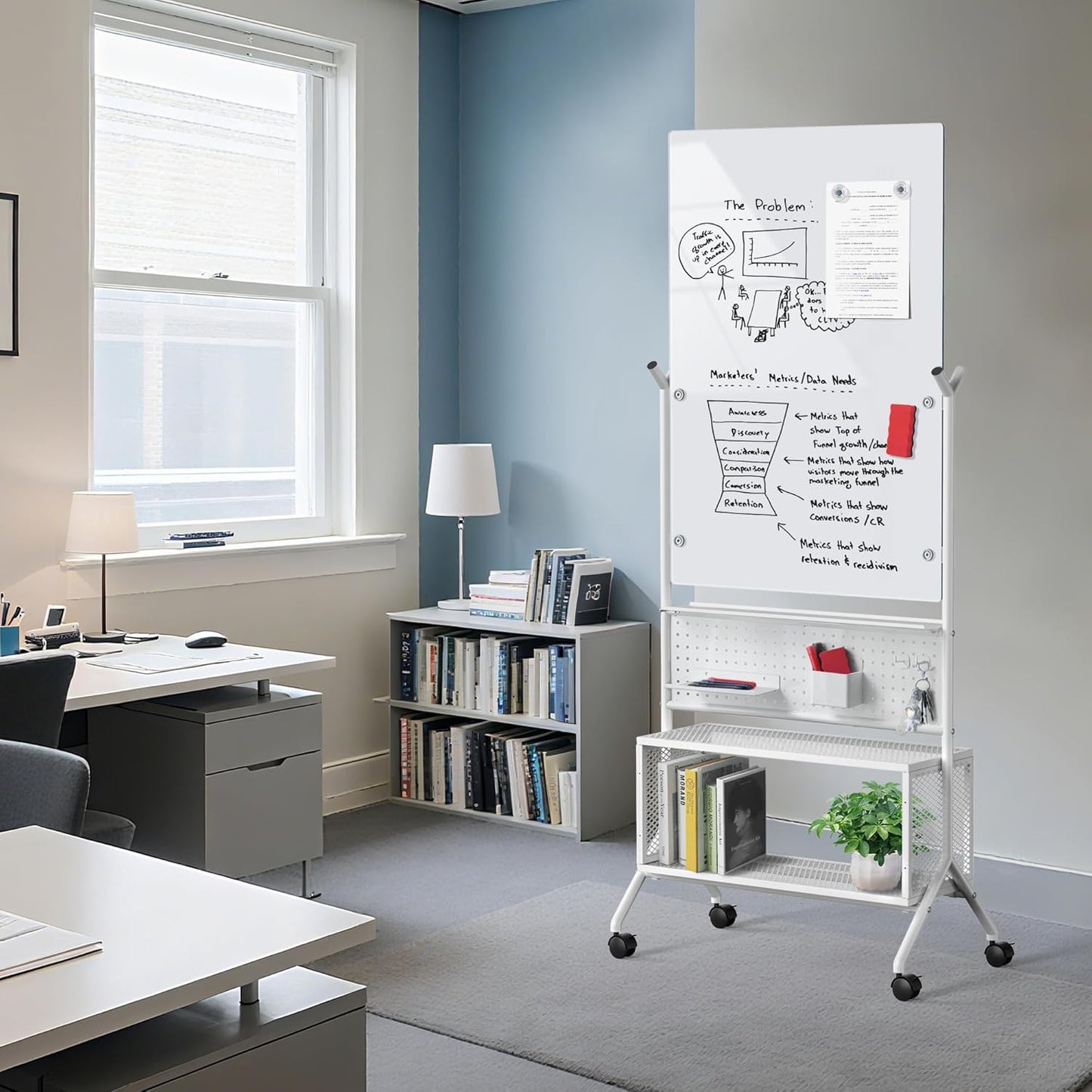 40 x 28 inch Mobile Magnetic Glass Whiteboard, Double-Sided Board with Felt Back and Storage for Office & Classroom, White