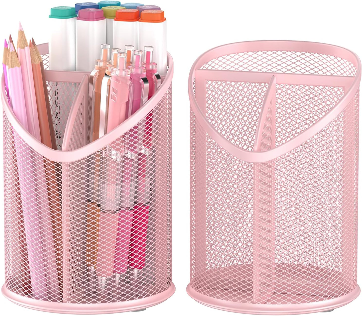 Delifox 2 Pack Pen Holder Mesh Round Pencil Holder Desktop Organizer 3 Compartments, Black