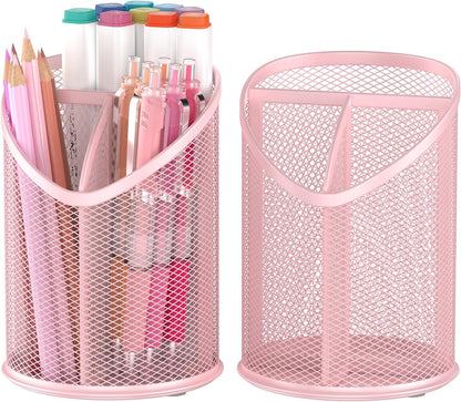 Delifox 2 Pack Pen Holder Mesh Round Pencil Holder Desktop Organizer 3 Compartments, Black