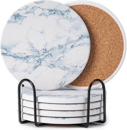 6Pcs Drink Coasters with Holder, Marble Style Ceramic Drink Coaster, Absorbent Coasters Set Suitable for Kinds of Cups, Modern Style Coaster for Coffee Table, 4 Inches