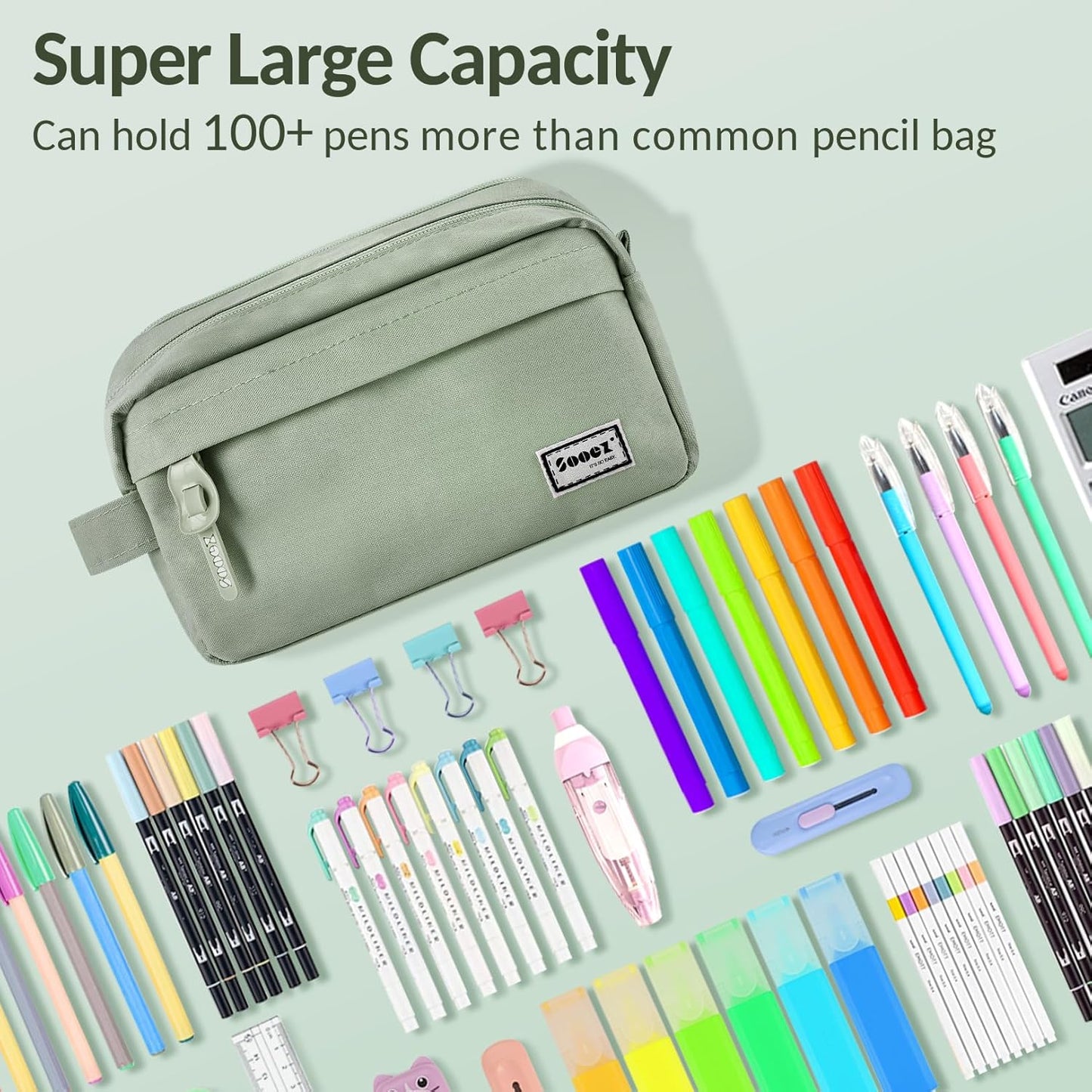Sooez Original High Capacity Pencil Case, Big Pencil Bag Pouch Box Organizer Pen Case, Aesthetic Supply for Girls Adults, Portable Journaling Supplies with Easy Grip Handle & Loop, Mint Green