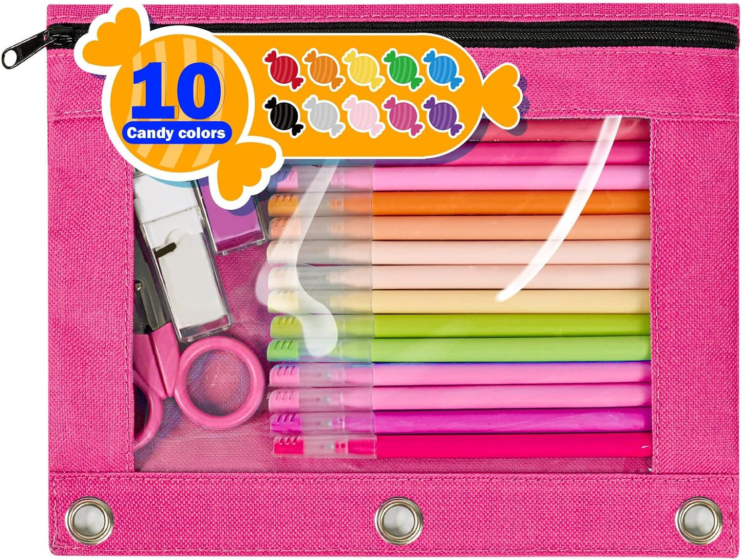 Forvencer Pencil Pouch for 3 Ring Binder, Large Pencil Case Pouch with 3 Reinforced Grommets, Pen Bag, Clear Window Pencil Case, Binder Accessories, Black