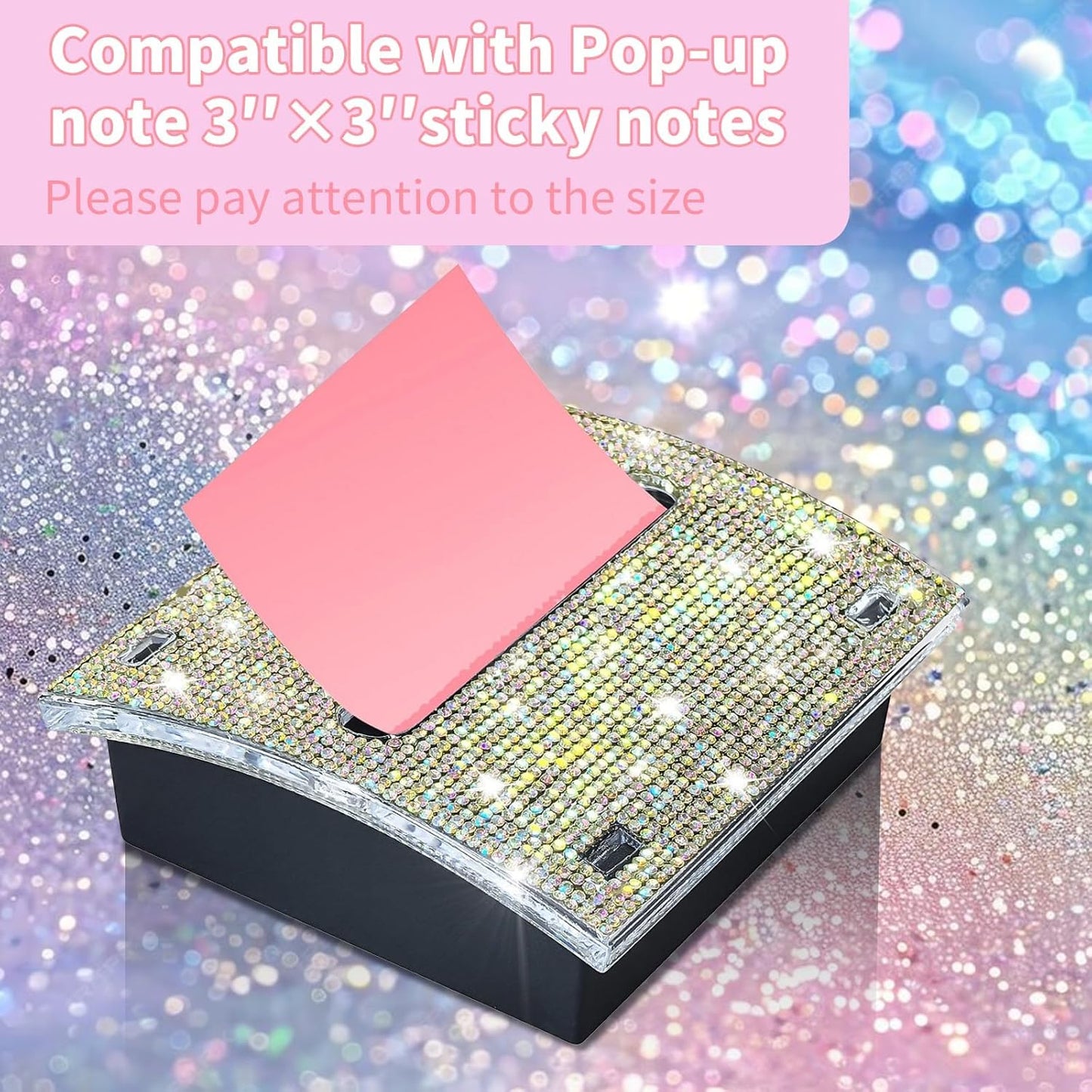 Rhinestone Self Sticky Note Holder Post it Note Dispenser Pop-Up Sticky Notes Dispenser 4 x 4 inch Post it Dispenser for Office Desk Accessories(Pink)