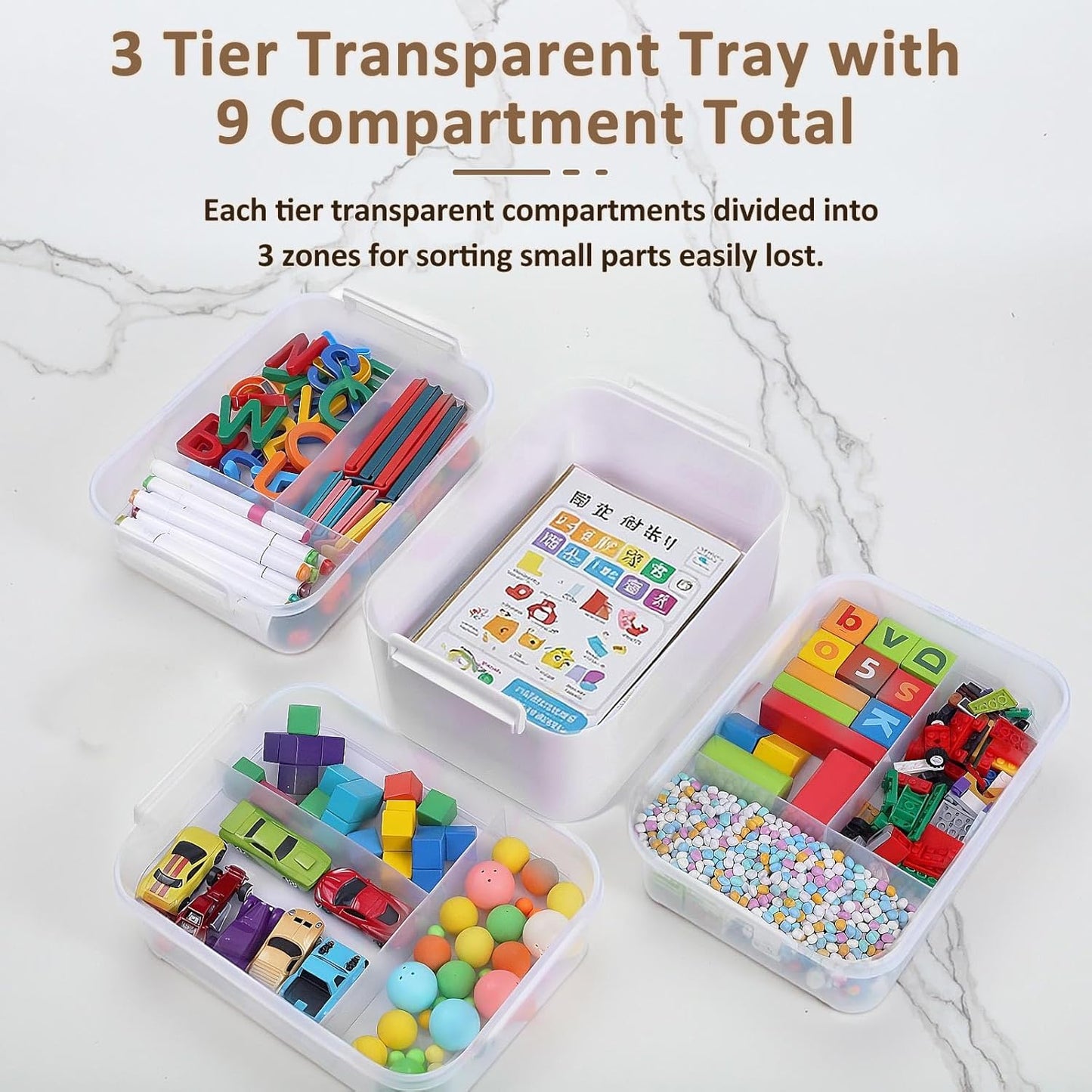 3-Layer Plastic Craft Organizers and Storage Box with Removable Trays, Storage Containers with lids and Handle, Art Supply Storage Organizer for Bead, Ornament, Nail Polish, Tape（10.62"x9"x7.67"）