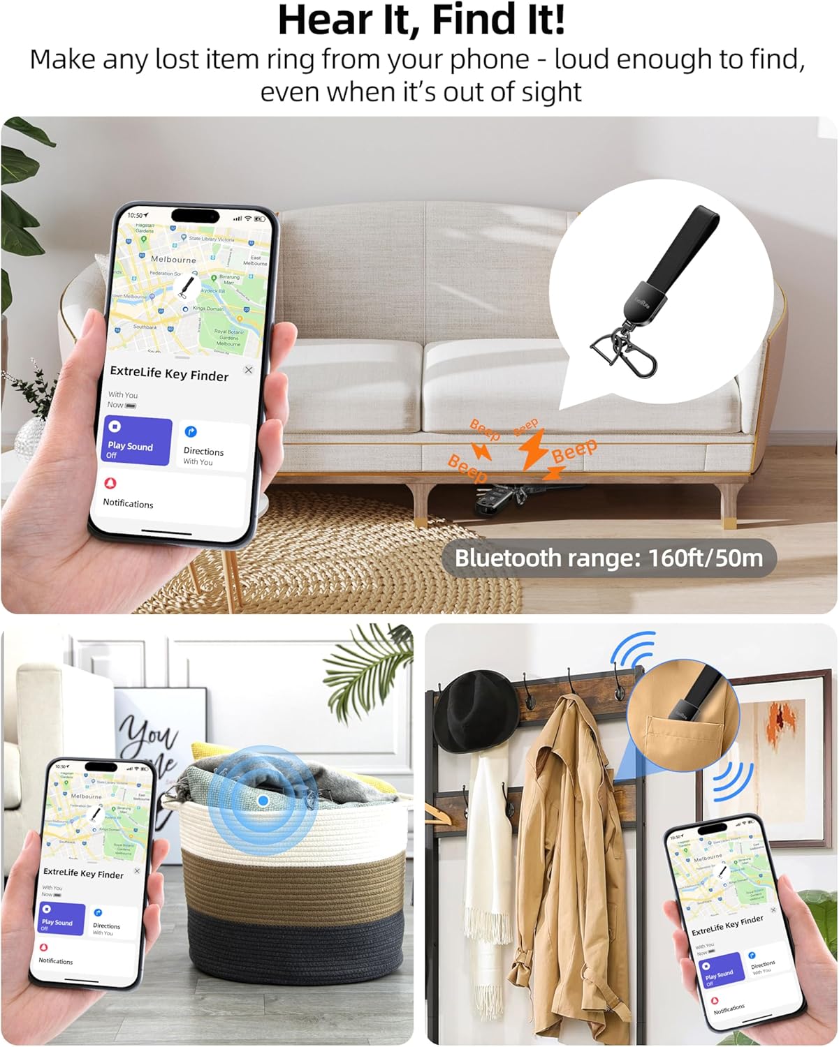Keychain, Works with Apple Find My, Leather Car Keychain for Women and Men, Car Key Fob Holder, Key Chain with GPS Tracker, Anti-Lost Smart Keys Finder, Rechargeable, Black