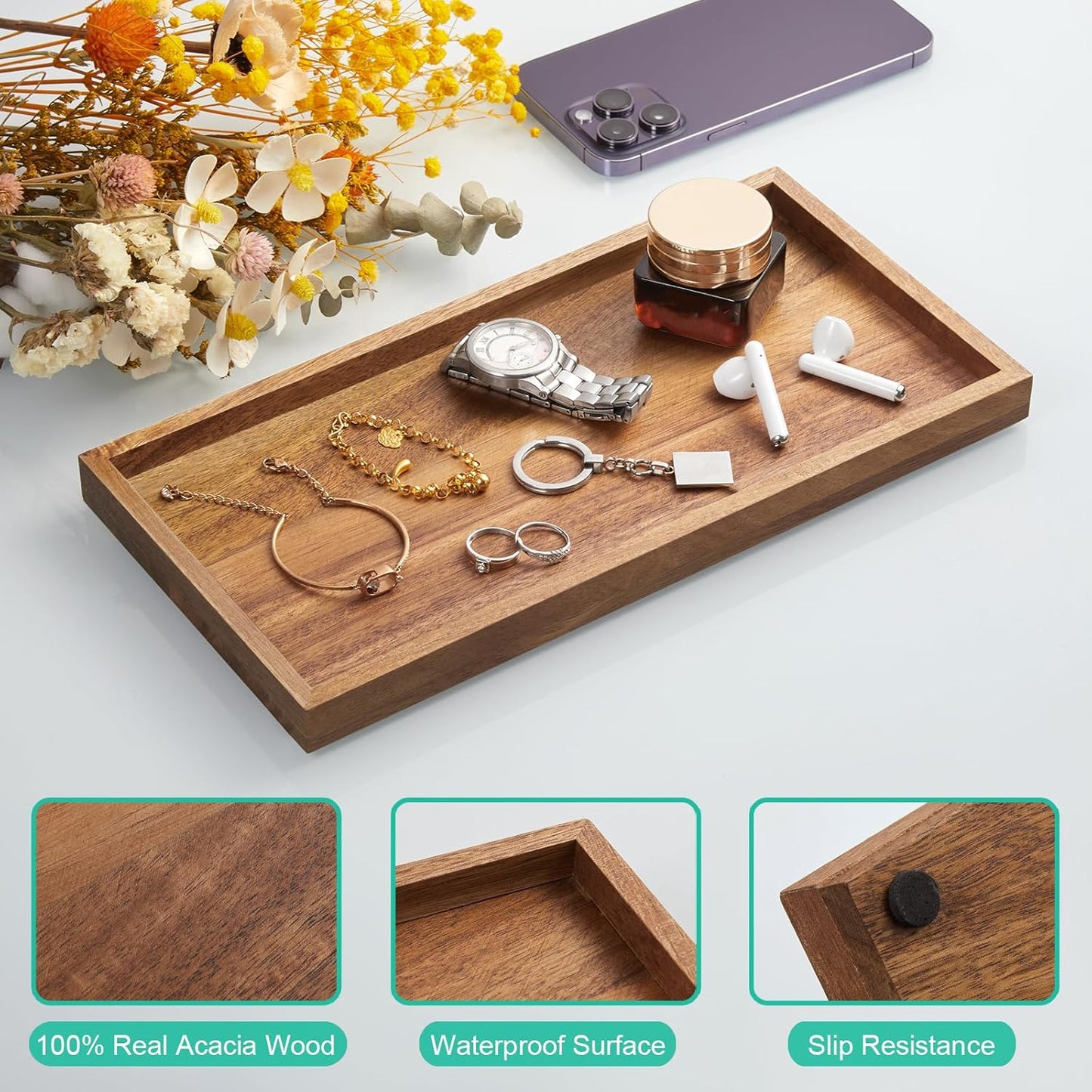 ALELION 8" Acacia Wood Bathroom Vanity Tray for Counter - Dresser Top Tray for Perfume Jewelry Candle Key Catchall - Small Kitchen Countertop Organizer for Soap Dispenser and Sponge Holder