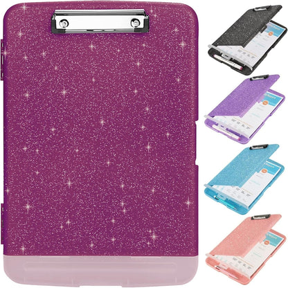 Glitter Clipboard with Storage,Storage Clipboard with Pen Holder,A4 Binder Clip Boards 8.5x11 with Low Profile Clip,Side Opening Sparkle Clipboards, Clipboards Folder for Office Supplies-Starry Black