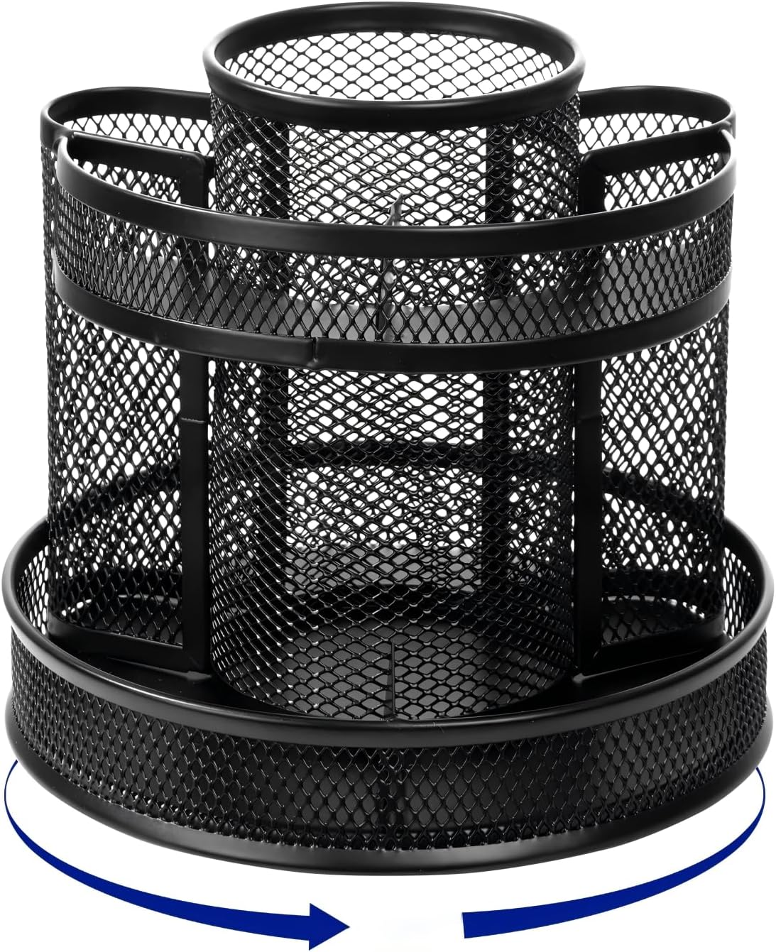 Comix 360° Rotating Pen Holder for Desk, 5 Compartments Office Desk Organizer, Black Mesh Metal Pencil Holder Cup for Office Home School