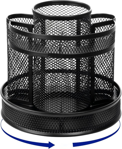 Comix 360° Rotating Pen Holder for Desk, 5 Compartments Office Desk Organizer, Black Mesh Metal Pencil Holder Cup for Office Home School