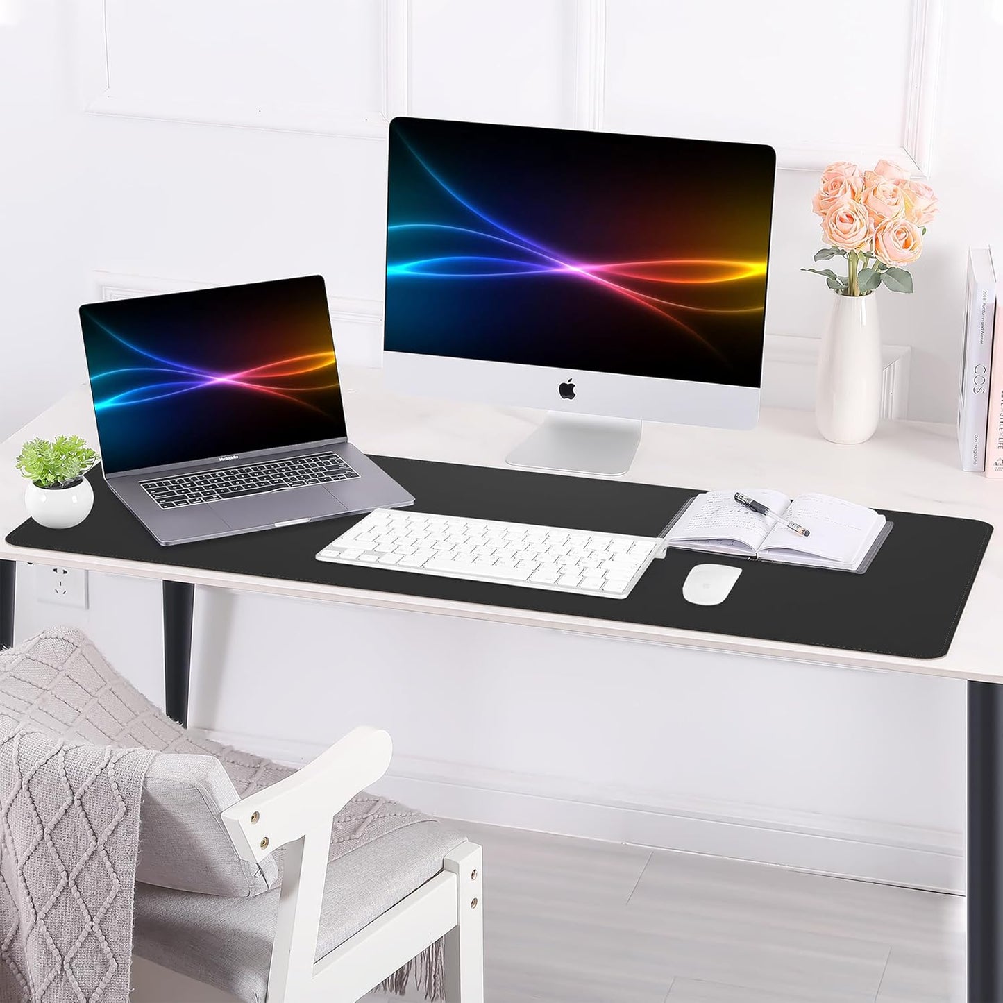 AFIING Large Desk Mat 47" x 17", Dual-Sided Natural Cork & PU Leather Desk Pad, Non-Slip Waterproof Mouse Pad for Office, Home & Gaming, Black