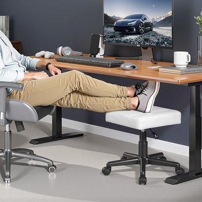 VECELO Under Desk Footrest, PU Ergonomic Foot Rest with Wheels, Comfort Padding, Height Adjustable for Relieving Leg Pain, Stiffness, Black