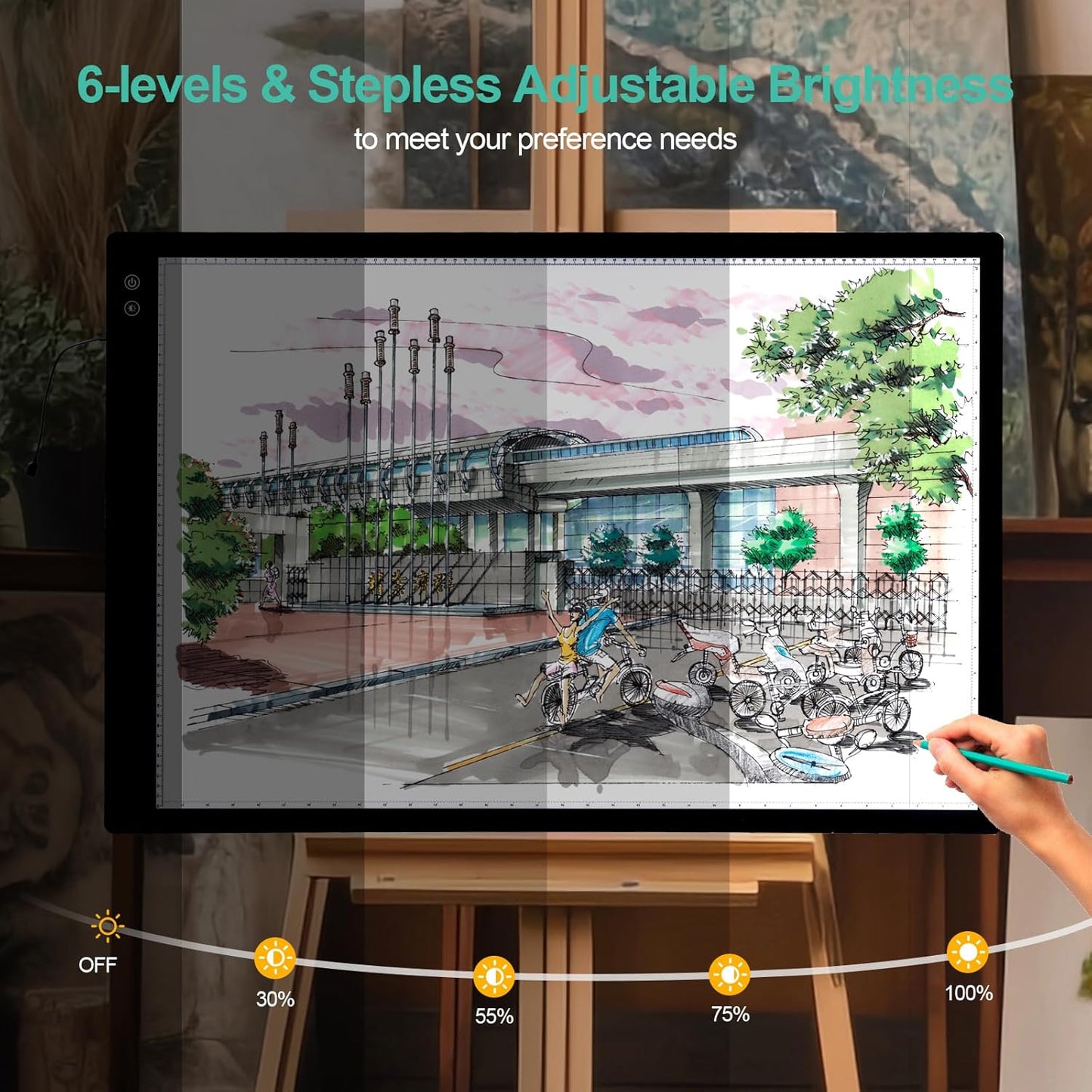 Rechargeable A4 Light Pad - Stepless Dimmable 6 Levels Brightness Tracing Light Box, Diamond Painting Light Board with Top Clip, Battery Powered Portable Light Pad for Weeding Vinyl Tracing